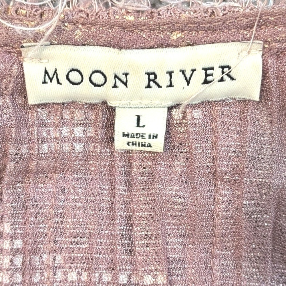 Moon River Dusty Rose Metallic Peplum Blouse L Eyelash Feather Trim Boho Glam - Picture 4 of 10